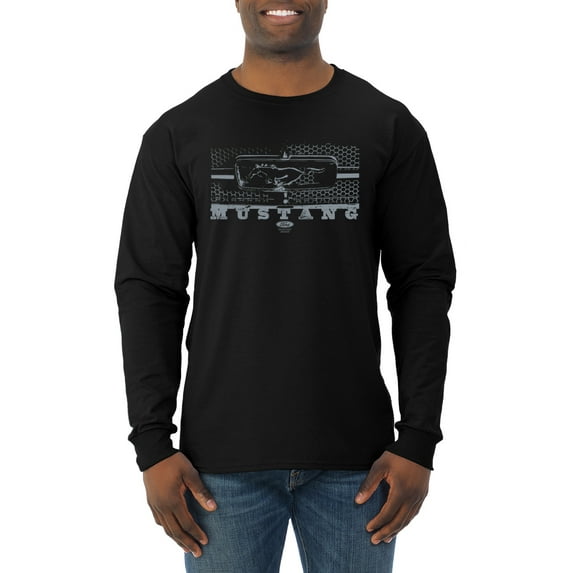 Wild Bobby, Vintage Ford Mustang Silver Honeycomb Grill Distressed, Cars and Trucks, Men Long Sleeve Shirt, Black, Small