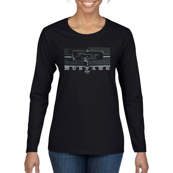 Wild Bobby, Vintage Ford Mustang Silver Honeycomb Grill Distressed, Cars and Trucks, Women Graphic Long Sleeve Tee, Black, Large