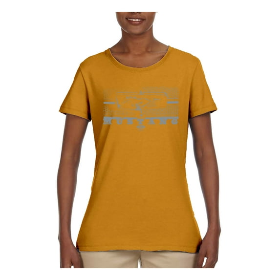 Wild Bobby, Vintage Ford Mustang Silver Honeycomb Grill Distressed, Cars and Trucks, Women Graphic Tee, Gold, Large