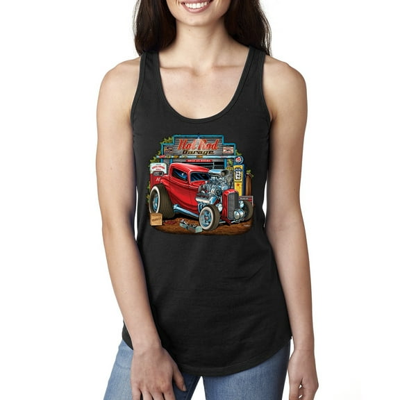 Wild Bobby, Vintage Hot Rod Old Garage Cars and Trucks Ladies Racerback Tank Top, Black, Small