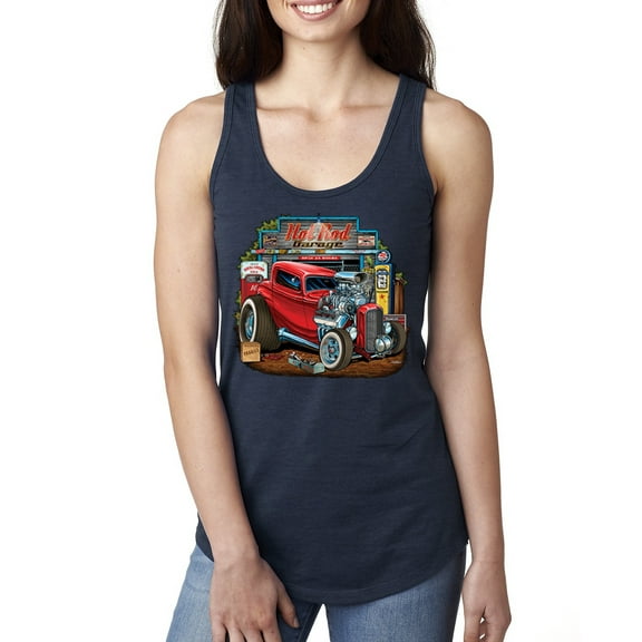 Wild Bobby, Vintage Hot Rod Old Garage Cars and Trucks Ladies Racerback Tank Top, Navy, Medium