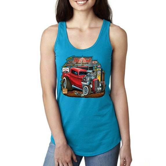 Wild Bobby, Vintage Hot Rod Old Garage Cars and Trucks Ladies Racerback Tank Top, Turquoise, Medium
