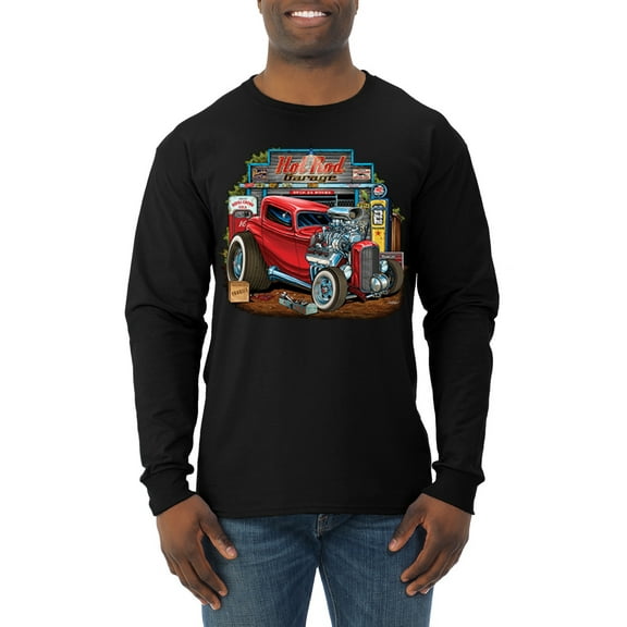 Wild Bobby, Vintage Hot Rod Old Garage Cars and Trucks Mens Long Sleeve Shirt, Black, 2XL