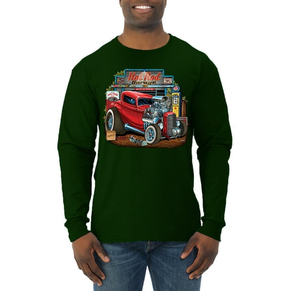 Wild Bobby, Vintage Hot Rod Old Garage Cars and Trucks Mens Long Sleeve Shirt, Forest Green, Medium