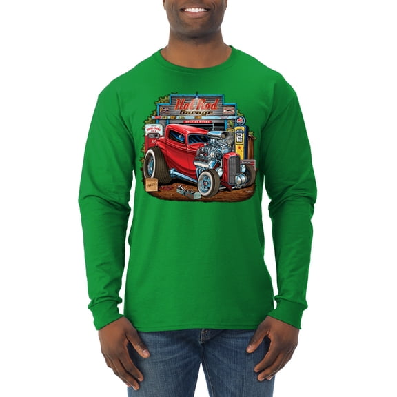 Wild Bobby, Vintage Hot Rod Old Garage Cars and Trucks Mens Long Sleeve Shirt, Kelly, Large