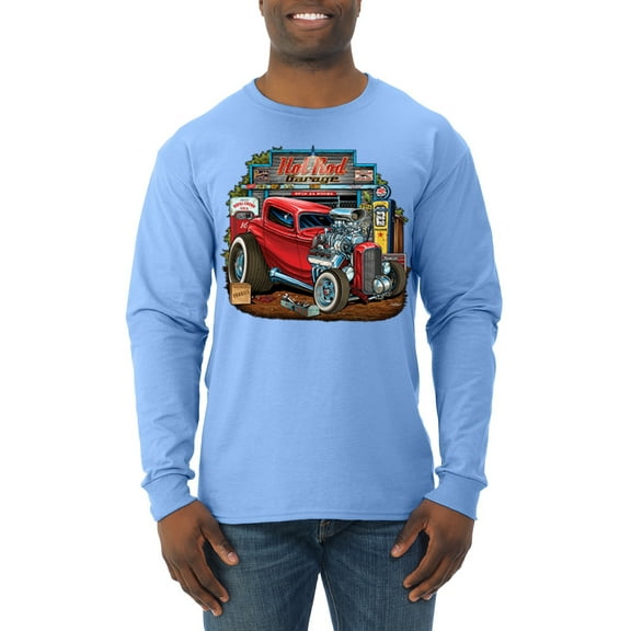 Wild Bobby, Vintage Hot Rod Old Garage Cars and Trucks Mens Long Sleeve Shirt, Light Blue, 3XL