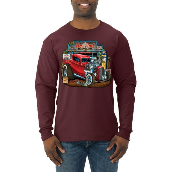 Wild Bobby, Vintage Hot Rod Old Garage Cars and Trucks Mens Long Sleeve Shirt, Maroon, Small