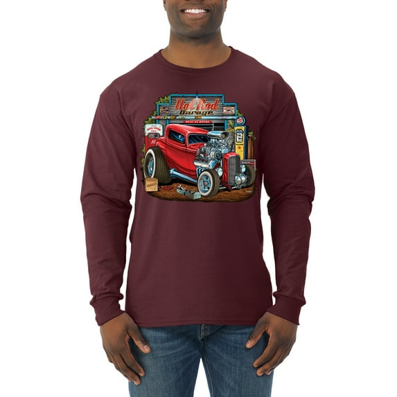 Wild Bobby, Vintage Hot Rod Old Garage Cars and Trucks Mens Long Sleeve Shirt, Maroon, X-Large