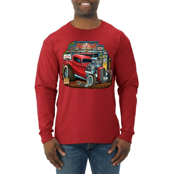Wild Bobby, Vintage Hot Rod Old Garage Cars and Trucks Mens Long Sleeve Shirt, Red, Large