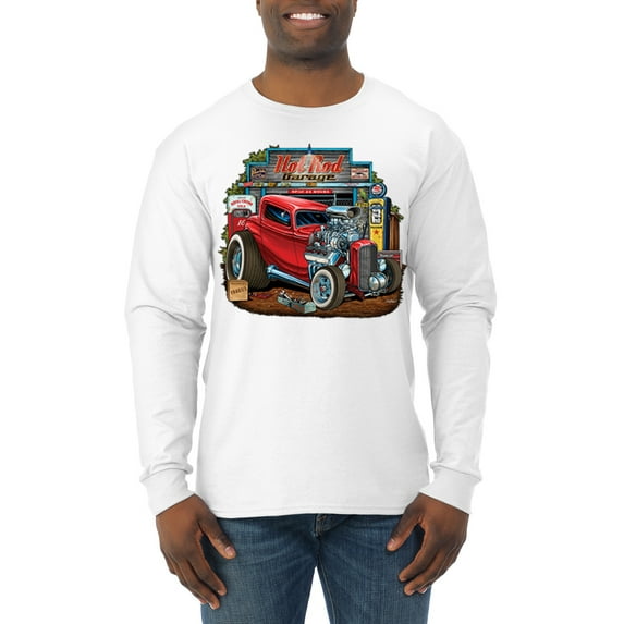 Wild Bobby, Vintage Hot Rod Old Garage Cars and Trucks Mens Long Sleeve Shirt, White, Medium