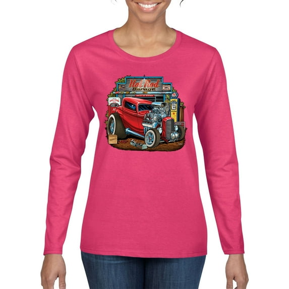 Wild Bobby, Vintage Hot Rod Old Garage Cars and Trucks Womens Graphic Long Sleeve T-Shirt, Fuschia, Small