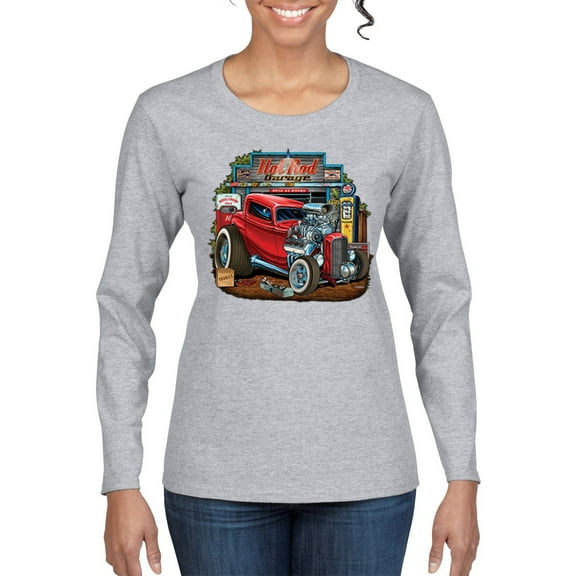 Wild Bobby, Vintage Hot Rod Old Garage Cars and Trucks Womens Graphic Long Sleeve T-Shirt, Heather Grey, Small