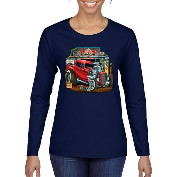 Wild Bobby, Vintage Hot Rod Old Garage Cars and Trucks Womens Graphic Long Sleeve T-Shirt, Navy, Small