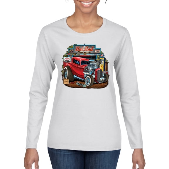 Wild Bobby, Vintage Hot Rod Old Garage Cars and Trucks Womens Graphic Long Sleeve T-Shirt, White, Medium