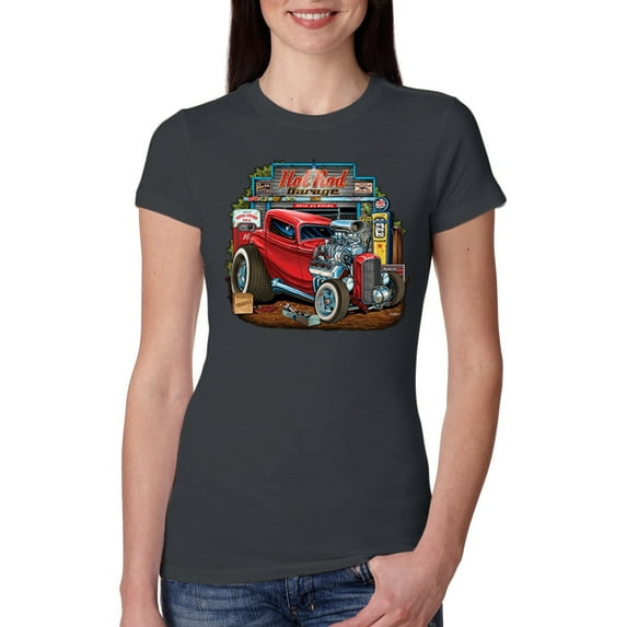 Wild Bobby, Vintage Hot Rod Old Garage Cars and Trucks Womens Slim Fit Junior Tee, Dark Grey, X-Large