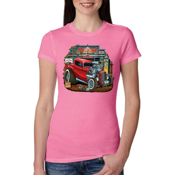 Wild Bobby, Vintage Hot Rod Old Garage Cars and Trucks Womens Slim Fit Junior Tee, Hot Pink, 2XL