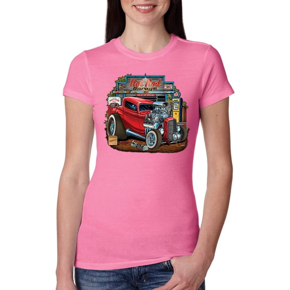 Wild Bobby, Vintage Hot Rod Old Garage Cars and Trucks Womens Slim Fit Junior Tee, Hot Pink, Small
