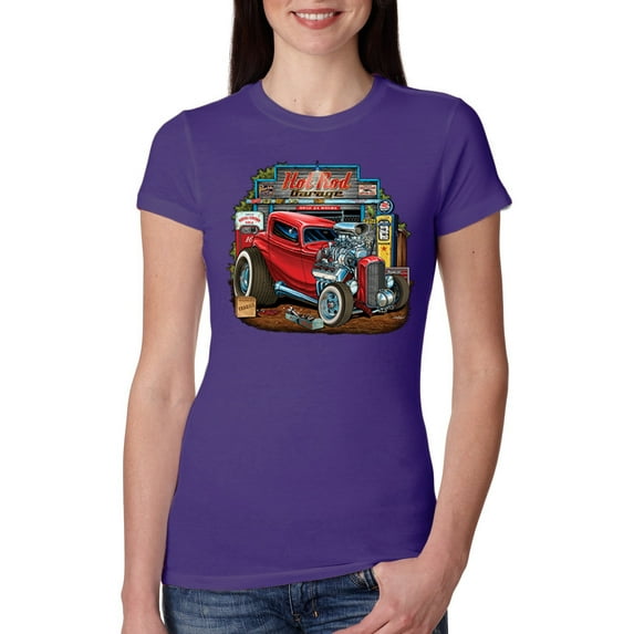 Wild Bobby, Vintage Hot Rod Old Garage Cars and Trucks Womens Slim Fit Junior Tee, Purple Rush, Large