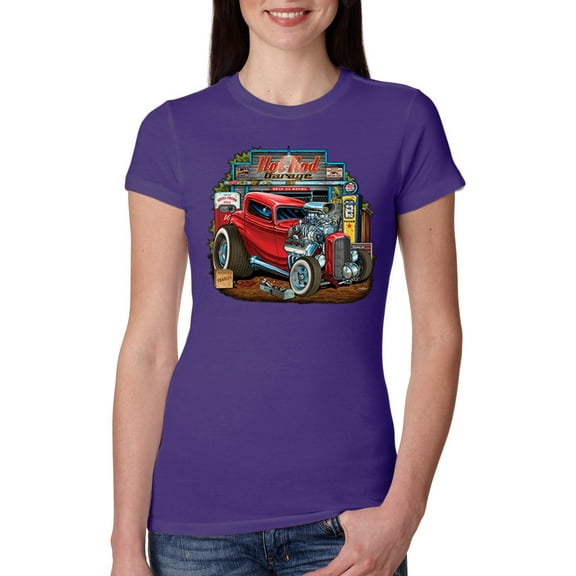 Wild Bobby, Vintage Hot Rod Old Garage Cars and Trucks Womens Slim Fit Junior Tee, Purple Rush, Large