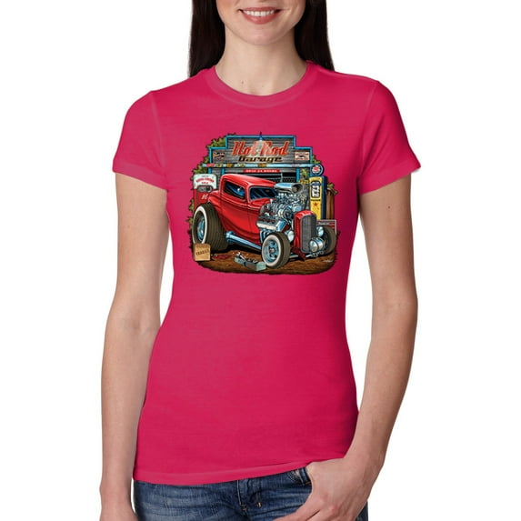 Wild Bobby, Vintage Hot Rod Old Garage Cars and Trucks Womens Slim Fit Junior Tee, Raspberry, X-Large