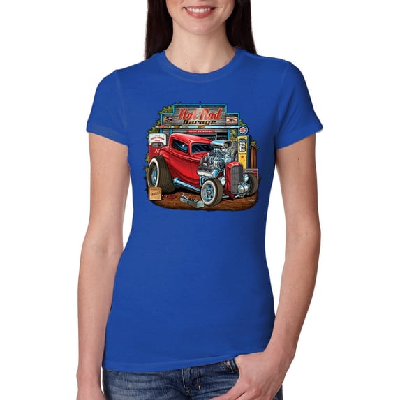 Vintage Hot Rod Old Garage Cars and Trucks Womens Slim Fit Junior Tee, Royal, X-Large