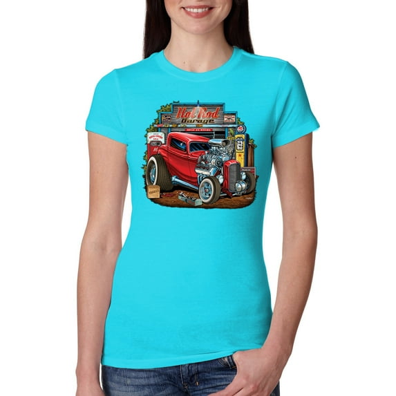 Vintage Hot Rod Old Garage Cars and Trucks Womens Slim Fit Junior Tee, Tahiti Blue, Large