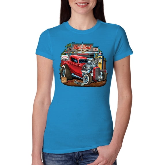 Wild Bobby, Vintage Hot Rod Old Garage Cars and Trucks Womens Slim Fit Junior Tee, Turquoise, 2XL