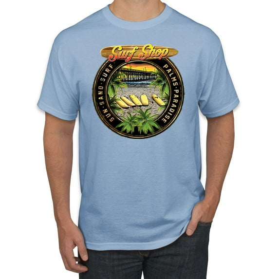 Wild Bobby, Vintage Surf Shop Beach Sun Sand Surf Palms Paradise Pop Culture Men's Graphic T-Shirt, Light Blue, 5XL