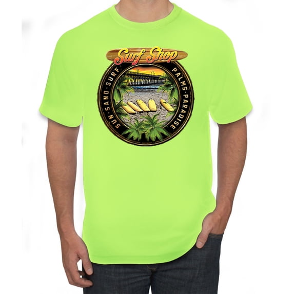 Vintage Surf Shop Beach Sun Sand Surf Palms Paradise Pop Culture Men's Graphic T-Shirt, Safety Green, Medium