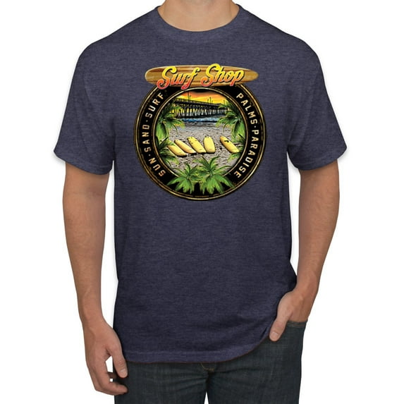 Wild Bobby, Vintage Surf Shop Beach Sun Sand Surf Palms Paradise Pop Culture Men's Graphic T-Shirt, Vintage Heather Navy, Medium