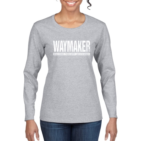 Wild Bobby Waymaker Inspirational/Christian Women Graphic Long Sleeve Tee, Heather Grey, Large