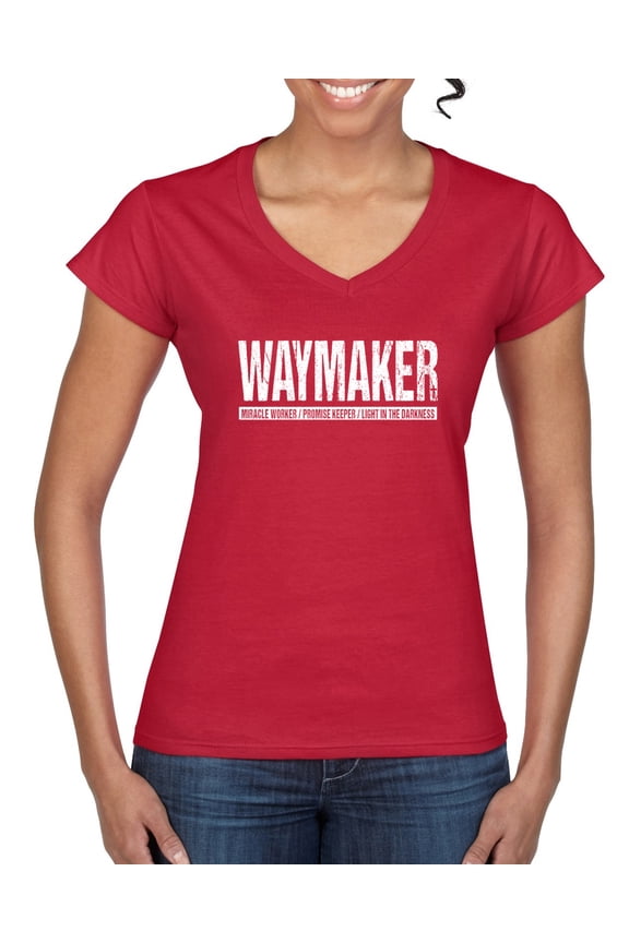 Waymaker Inspirational/Christian Women Standard V-Neck Tee, Red, Large