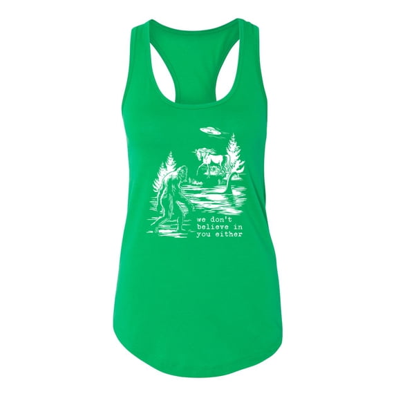 Wild Bobby We Don't Believe Either Bigfoot Unicorns Women Racerback Tank Top