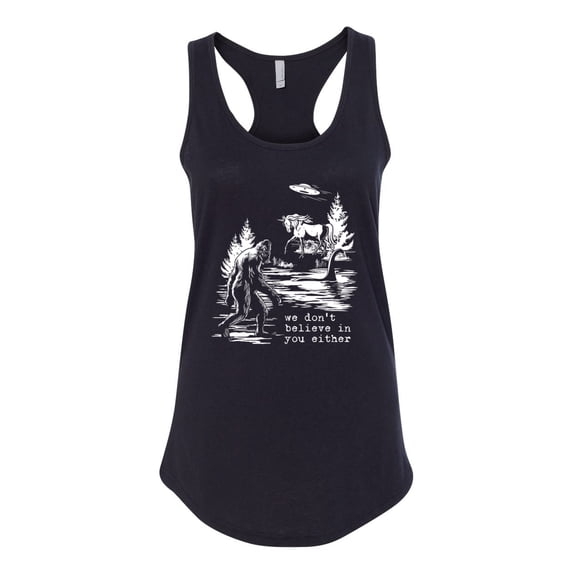 Wild Bobby We Don't Believe Either Bigfoot Unicorns Women Racerback Tank Top