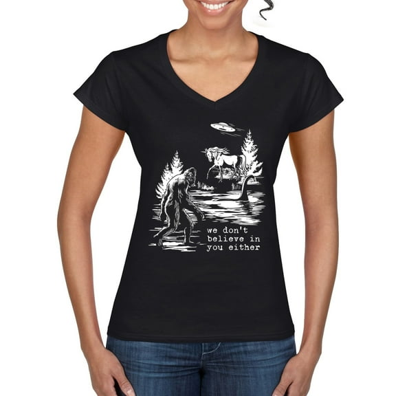 Wild Bobby We Don't Believe Either Bigfoot Unicorns Women Standard V-Neck Tee