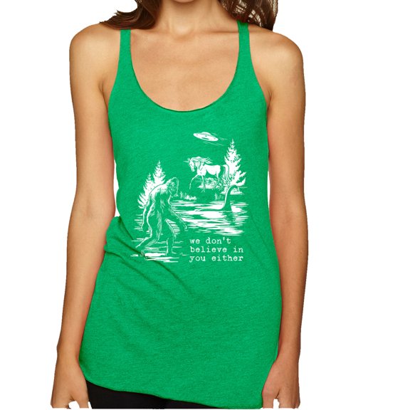 Wild Bobby We Don't Believe Either Bigfoot Unicorns Women Tri-Blend Racerback Tank Top