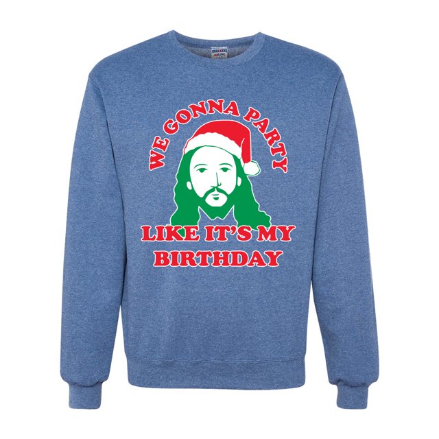Wild Bobby, We Gonna Party Like its my Birthday Ugly Christmas Sweater Unisex Crewneck Graphic Sweatshirt, Vintage Heather Blue, 3XL