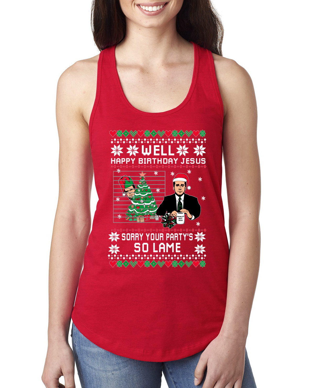 Wild Bobby Well Happy Birthday Jesus Funny Quote Office Ugly Christmas Ladies Racerback Tank Top, Red, Medium - image 1 of 3
