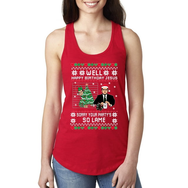 Wild Bobby Well Happy Birthday Jesus Funny Quote Office Ugly Christmas Ladies Racerback Tank Top, Red, Medium