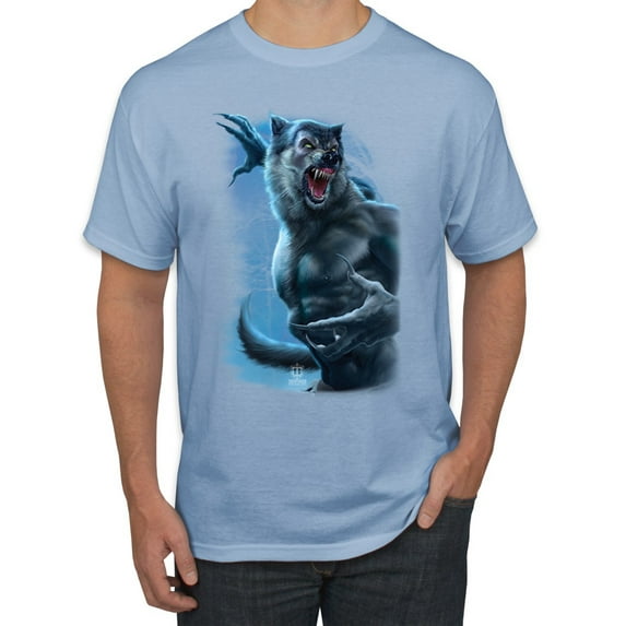 Wild Bobby, Werewolf Woods in the Night Scary Horror, Pop Culture, Men Graphic Tees, Light Blue, 3XL