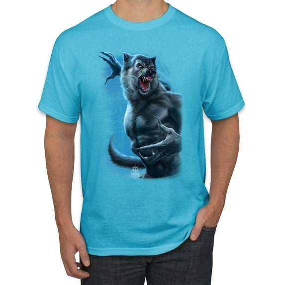 Wild Bobby, Werewolf Woods in the Night Scary Horror, Pop Culture, Men Graphic Tees, Light Turquoise, Large