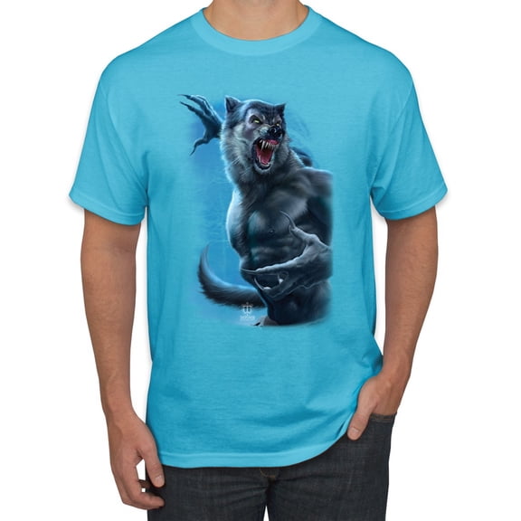 Wild Bobby, Werewolf Woods in the Night Scary Horror, Pop Culture, Men Graphic Tees, Light Turquoise, X-Large