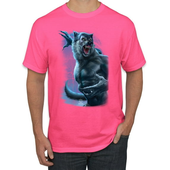 Wild Bobby, Werewolf Woods in the Night Scary Horror, Pop Culture, Men Graphic Tees, Neon Pink, Small