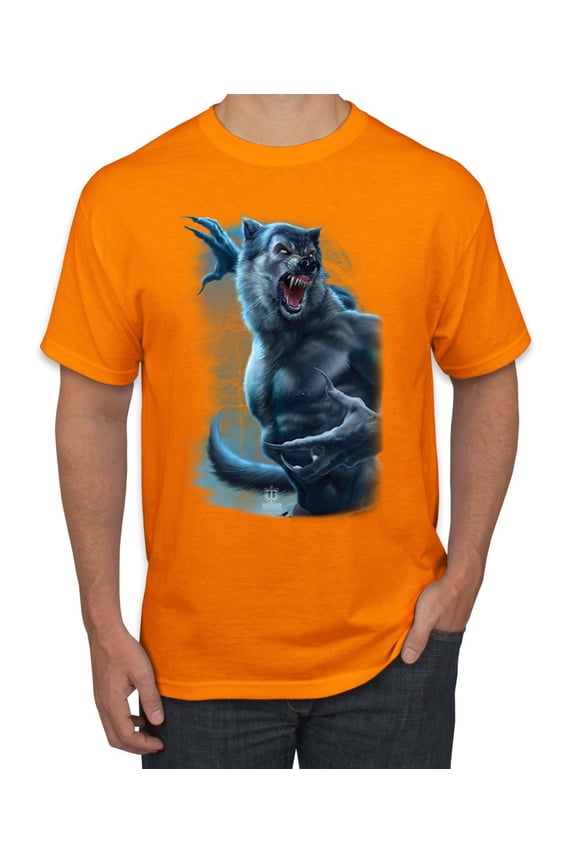 , Werewolf Woods in the Night Scary Horror, Pop Culture, Men Graphic Tees, Orange, Large