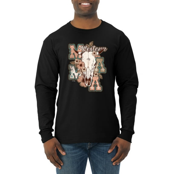 Wild Bobby Western Ma Steer Pink And Grey Distressed Pop Culture Men Long Sleeve Shirt, Black, 3X-Large