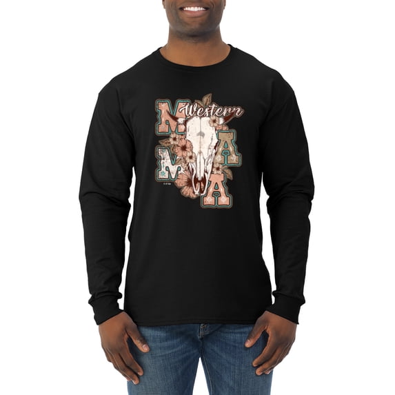 Wild Bobby Western Ma Steer Pink And Grey Distressed Pop Culture Men Long Sleeve Shirt, Black, Small