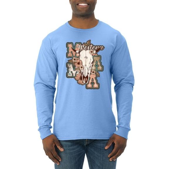Wild Bobby Western Ma Steer Pink And Grey Distressed Pop Culture Men Long Sleeve Shirt, Light Blue, X-Large