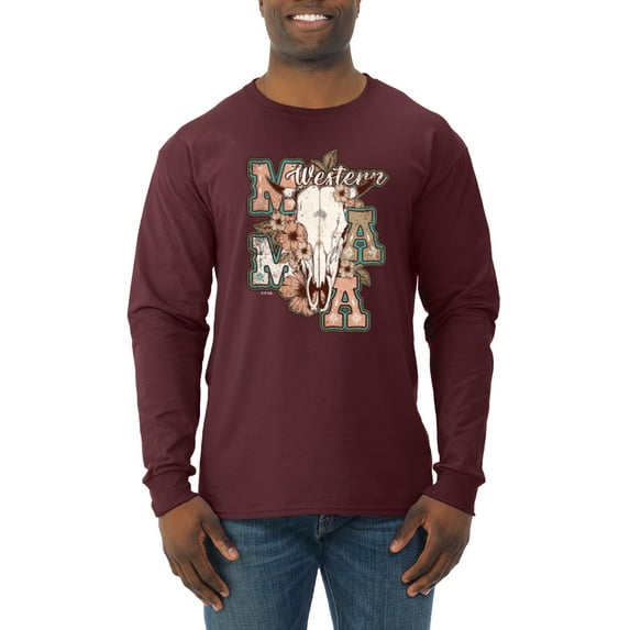 Wild Bobby Western Ma Steer Pink And Grey Distressed Pop Culture Men Long Sleeve Shirt, Maroon, XX-Large
