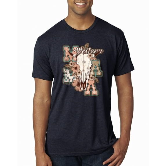 Wild Bobby Western Ma Steer Pink And Grey Distressed Pop Culture Men Premium Tri Blend Tee, Vintage Navy, Large