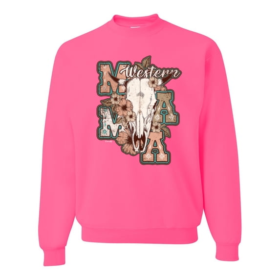 Wild Bobby Western Ma Steer Pink And Grey Distressed Pop Culture Unisex Crewneck Sweatshirt, Neon Pink, 3X-Large